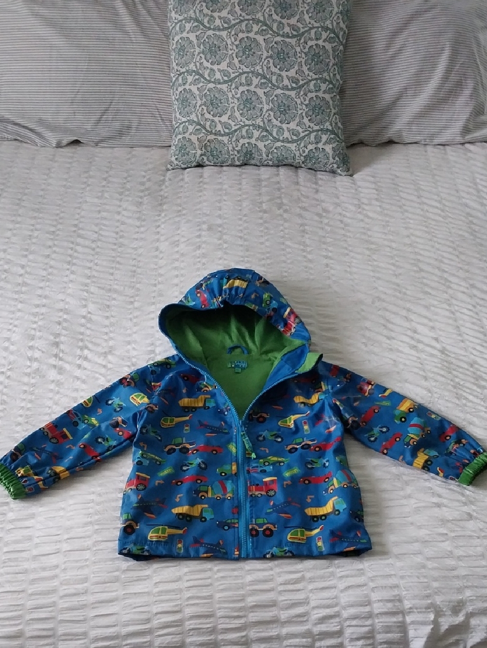 Blue Kids Hooded Rain Jacket with Green Lining - Vehicle Print